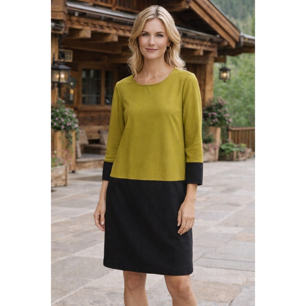 Chalet et Ceci Women's Colorblock Crew Neck Dress Olive Lagenlook- Size S